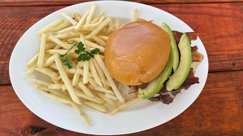 Toby's Burger · Avocado, smoked bacon, grilled onions and peppers, chipotle mayo and jack cheese.