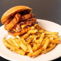 The Cattle Car · 1/4 lb. Patty, 4 slices bacon, onion ring, american cheese, and barbeque sauce. Add 2nd patt...