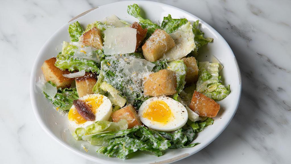 Caesarina · romaine hearts + shaved pecorino romano + soft boiled egg + house-made focaccia croutons + classic caesar dressing + anchovy fillets