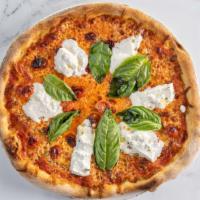 Regina Pie · fresh burrata + mozzarella + fresh basil + pecorino romano + cherry tomatoes + san marzano t...