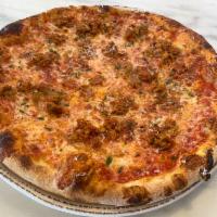 Mama G's Meatball Pie · caramelized onions + red sauce + mozzarella, finished with shaved pecorino