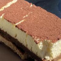 Tiramisu · espresso drenched sponge cake with mascarpone cream, cocoa powder