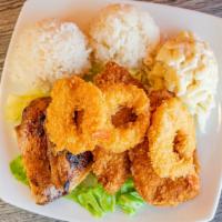 Seafood Mix · Crispy shrimp, island white fish and BBQ chicken.