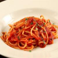 Tonnarelli al Pomodoro · Vegetarian, vegan. Fresh tonnarelli pasta, hand-crushed tomatoes, heirloom garlic and basil.