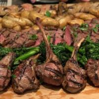 Grigliata di Carne · Grilled mix meat platter with house made pork sausage, lamb chops, ribeye, grilled broccolin...