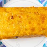 Burrito · Flour tortilla, cheese, Mexican red rice, beans, beef birria, sour cream, cilantro, onion, r...