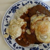 Beef Loco Moco · Two marinated beef patties, topped with our special brown gravy and fried egg.