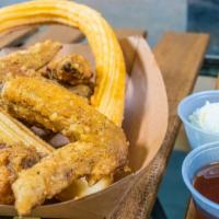 Chicken & Churros · 6pc Crispy Naked Chicken Wings + 1 Churro Loop + Bourbon Maple Dip