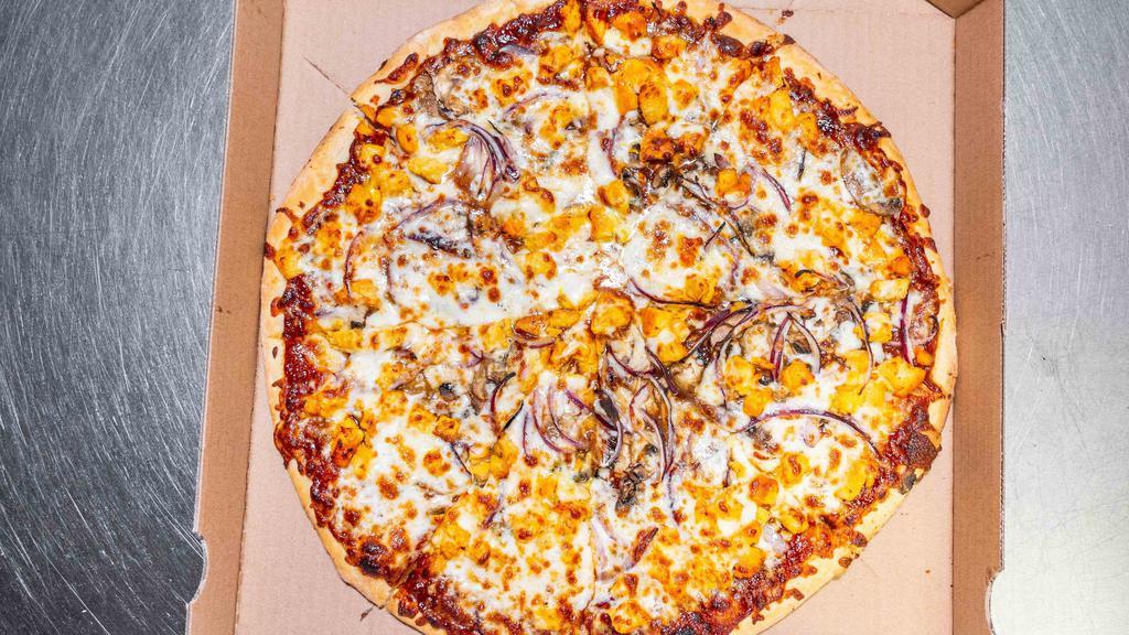 NY Style BBQ Chicken Pizza · BBQ sauce topped with fresh Mozzarella cheese, chicken, fresh mushrooms, and red onions.