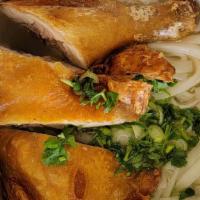 #8 Fried Chicken Noodles Soup · Crispy Fried Whole Legs , Choice of Noodles in Chicken Soup