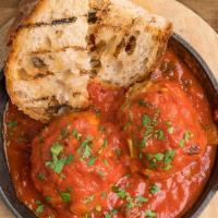 2pc MEATBALLS · two meatballs in spicy marinara sauce (not too spicy, kids enjoy this!) served with grilled ...