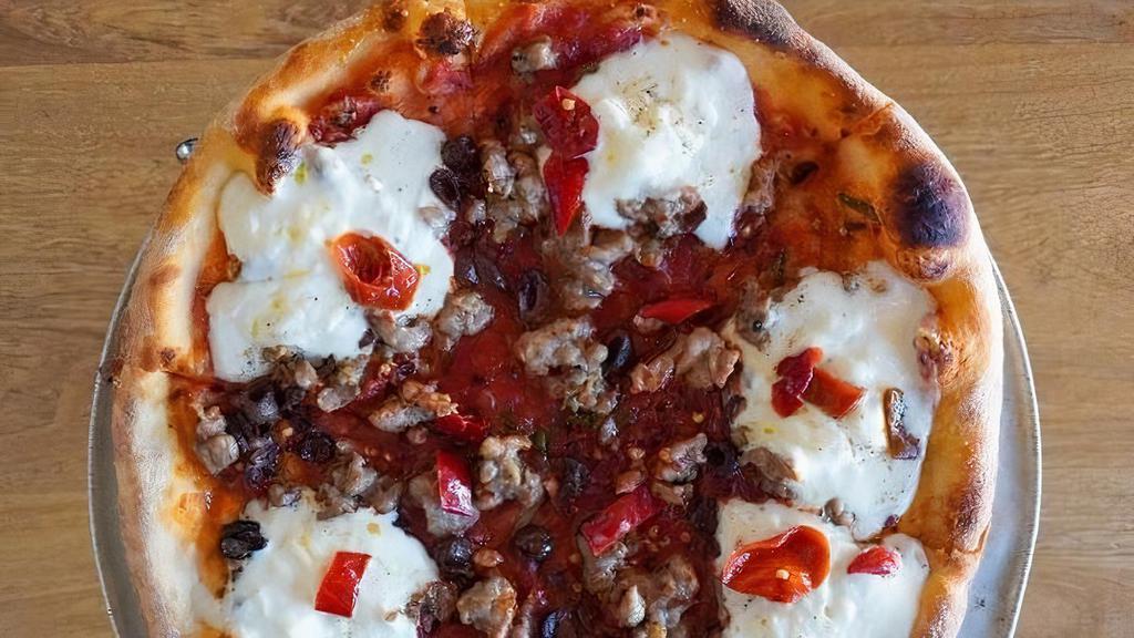BARTENDER'S SPECIAL · staff favorite spicy marinara pizza with burrata, olives, spicy fennel sausage, and calabrese chilies
