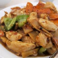 Garlic Chicken · Diced boneless chicken with bamboo shoots, carrots, bell peppers and fresh garlic sauce.