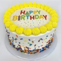Happy Birthday Confetti Froyo Cake · Need a birthday cake in a jiffy? We got you! This cake has layers of White cake, Cake Batter...