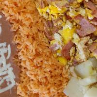 Hams & Eggs Mixed · Served with rice, beans, cheese potatoes and tortillas.