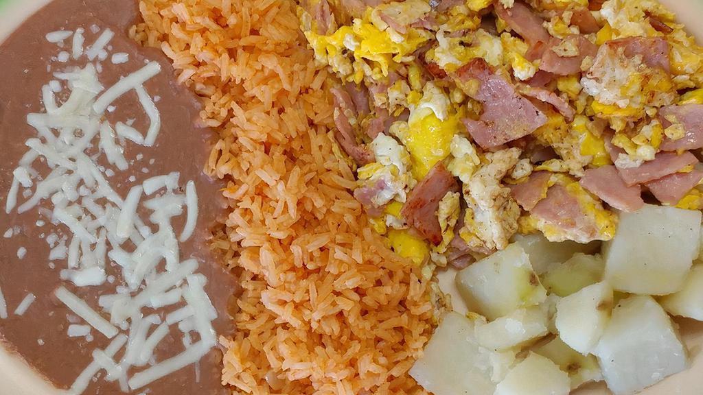 Hams & Eggs Mixed · Served with rice, beans, cheese potatoes and tortillas.