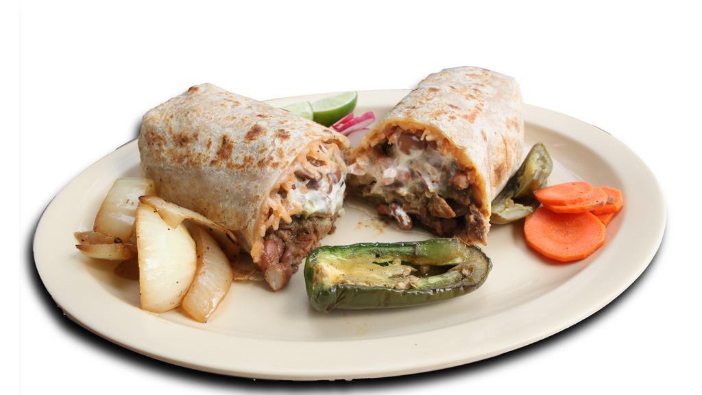 Super Burrito · Choice of meat. Rice, beans, pico de gallo, melted cheese sour cream and guacamole.