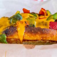 Chili & Cheese Dog · All beef, skinless hotdog, halal beef and bean chili, Cheddar cheese sauce, red onions, cila...