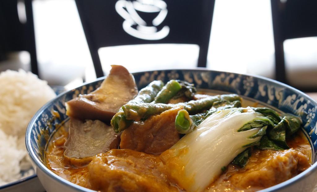 Beef Kare Kare a la Carte · Tender chunks of beef in a rich peanut butter based sauce with baby boy choy, long green beans, and eggplant. Small feeds 2 to 3. Large feeds 3 to 6.