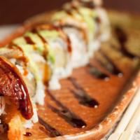 Dragon Roll · In: deep fried shrimp, crabmeat; out: unagi, avocado/ unagi sauce.
