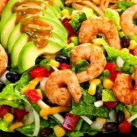 Chipotle Shrimp Salad · Grilled shrimp, romaine, avocado, beans and corn mix, salsa, cheese, tortilla strips, and ch...