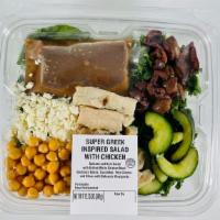 Super Greek Salad 12.75 oz. · Spinach and Kale Salad with Grilled White Chicken Meat, Garbanzo Beans, Cucumber, Feta Chees...