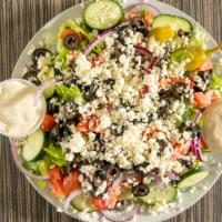 Greek Salad (Large) · Organic spring mix, Feta cheese, Greek olives, red onions, fresh tomatoes, crisp cucumbers a...