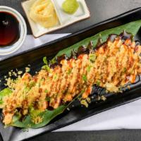 Tetsu (8) · two pieces of shrimp tempura, spicy tuna, and kani wrapped in avocado and topped with spicy ...