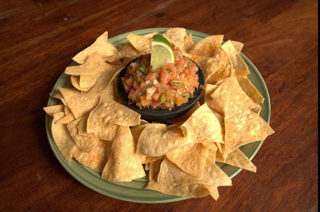 Chips and Salsa · Diced Tomatoes, Onions, Jalapenos, Cilantro with Fresh House Made Corn Chips