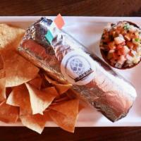 Veggie Burrito · Flour Tortilla with vegetarian Mexican Rice, your choice of beans, house made guacamole, sal...