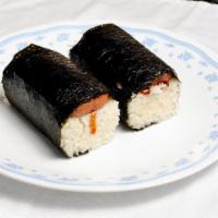 #265. Spam Musubi (2) · Slice of spam on top of a block of rice with Teriyaki sauce wrapped with seaweed. Comes with...
