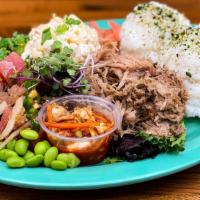 Poke Combo Plate · Hawaiian style ahi shoyu marinated poke, Hawaiian kalua pork, ocean salad, furikake seasoned...