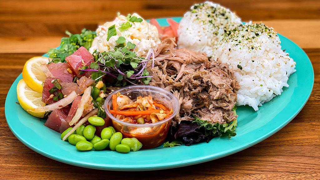 Poke Combo Plate · Hawaiian style ahi shoyu marinated poke, Hawaiian kalua pork, ocean salad, furikake seasoned rice, macaroni salad.