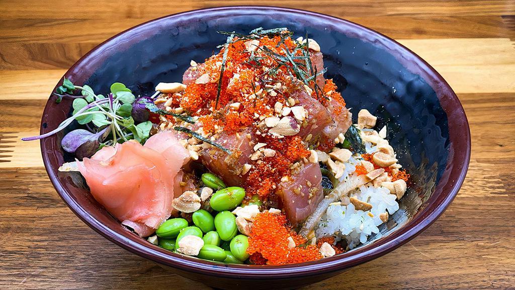 Seven Elements Bowl · Ahi tuna, sweet onion, green onion, tobiko, ginger, crushed peanuts, nori shreds and seven elements sauce. Comes with furikake seasoned rice, ocean salad, edamame and pickled ginger.