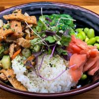 Vegan Poke Bowl · Inari kage, sweet onion, edamame, green onion, gochugaru, toasted sesame seeds. Comes with f...