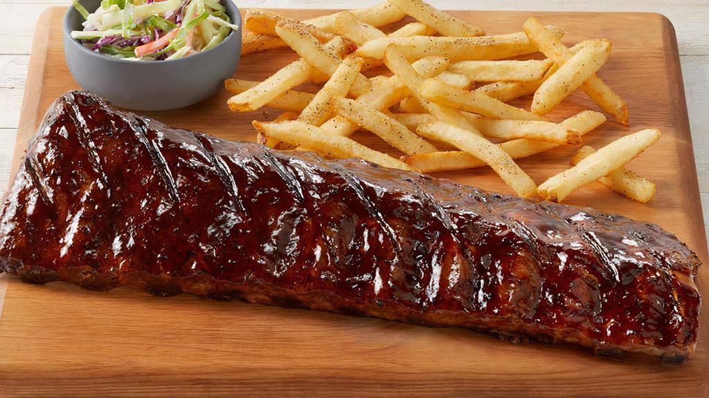 Fridays Big Ribs Apple Butter Bbq · Full-Rack of double-basted pork ribs basted in Apple Butter BBQ served with seasoned fries & coleslaw.