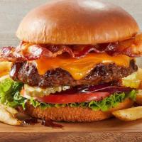 Fridays Signature Whiskey-Glazed Burger · Signature Whiskey-Glaze, bacon, cheddar, lettuce, red onions, tomato and  pickles.