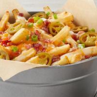 Amazing Blazing Pound Of Cheese Fries · Loaded with poblano queso, mixed cheese, bacon, pickled jalapenos, green onions and a side o...