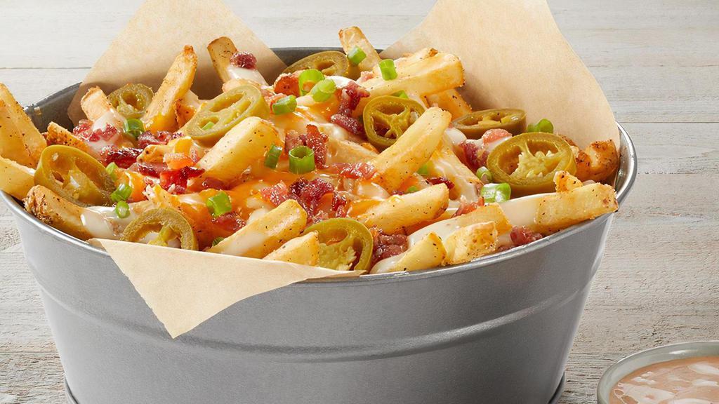Amazing Blazing Pound Of Cheese Fries · Loaded with poblano queso, mixed cheese, bacon, pickled jalapenos, green onions and a side of BBQ Ranch.