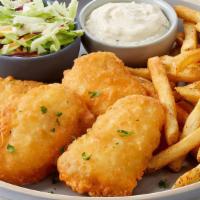 Fish & Chips · 4 pieces of beer-battered golden cod fillets served with seasoned fries, coleslaw and tartar...