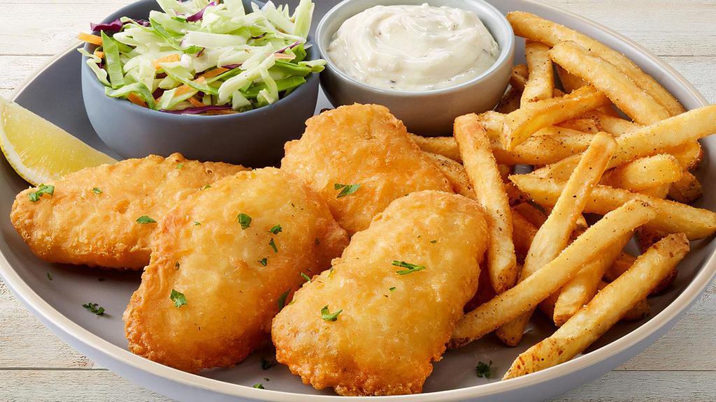 Fish & Chips · 4 pieces of beer-battered golden cod fillets served with seasoned fries, coleslaw and tartar sauce.