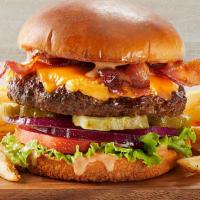 Bacon Cheeseburger · Cheddar, all-natural cheddar spread, lettuce, tomato, red onions, pickles, bacon & Fridays™ ...