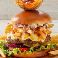 Loaded Cheese Fry Burger · American cheese, lettuce, tomato, red onions, pickles, topped with loaded bacon-cheese fries...