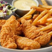 Crispy Chicken Fingers · 5 crispy fried chicken fingers served with coleslaw, seasoned fries and Honey Mustard dressi...