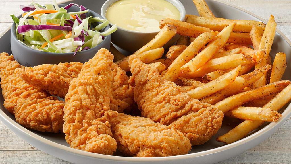 Crispy Chicken Fingers · 5 crispy fried chicken fingers served with coleslaw, seasoned fries and Honey Mustard dressing.