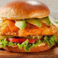 Southern Fried Chicken Sandwich · Battered chicken breast, lettuce, tomato, pickles, avocado, cheddar & spicy aioli.