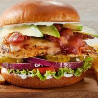 Bacon Ranch Chicken Sandwich · Grilled chicken, Swiss, bacon, avocado, Ranch dressing, lettuce, tomato, pickles & red onions.