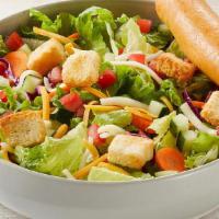 House Salad · Mixed greens, sliced carrots, red cabbage, tomatoes, cucumber, mixed cheese and Asiago crout...