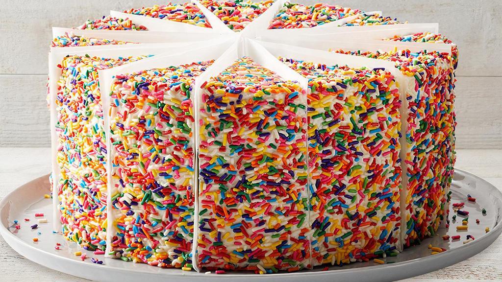 Carlo'S Bakery Rainbow Cake - Whole Cake · Take the whole cake home! Six layers of rainbow-colored cake filled high with a sweet vanilla icing and covered with rainbow sprinkles. *12 slices per cake.