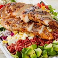 Million Dollar Cobb With Chicken Party Tray · Grilled chicken, mixed greens, carrots, red cabbage, avocado, tomatoes, chopped cage-free eg...
